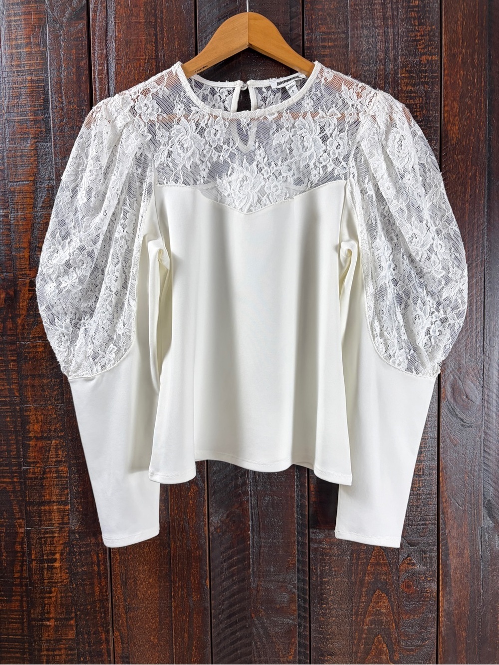 Express White Lace Yoke Puff Sleeve Top